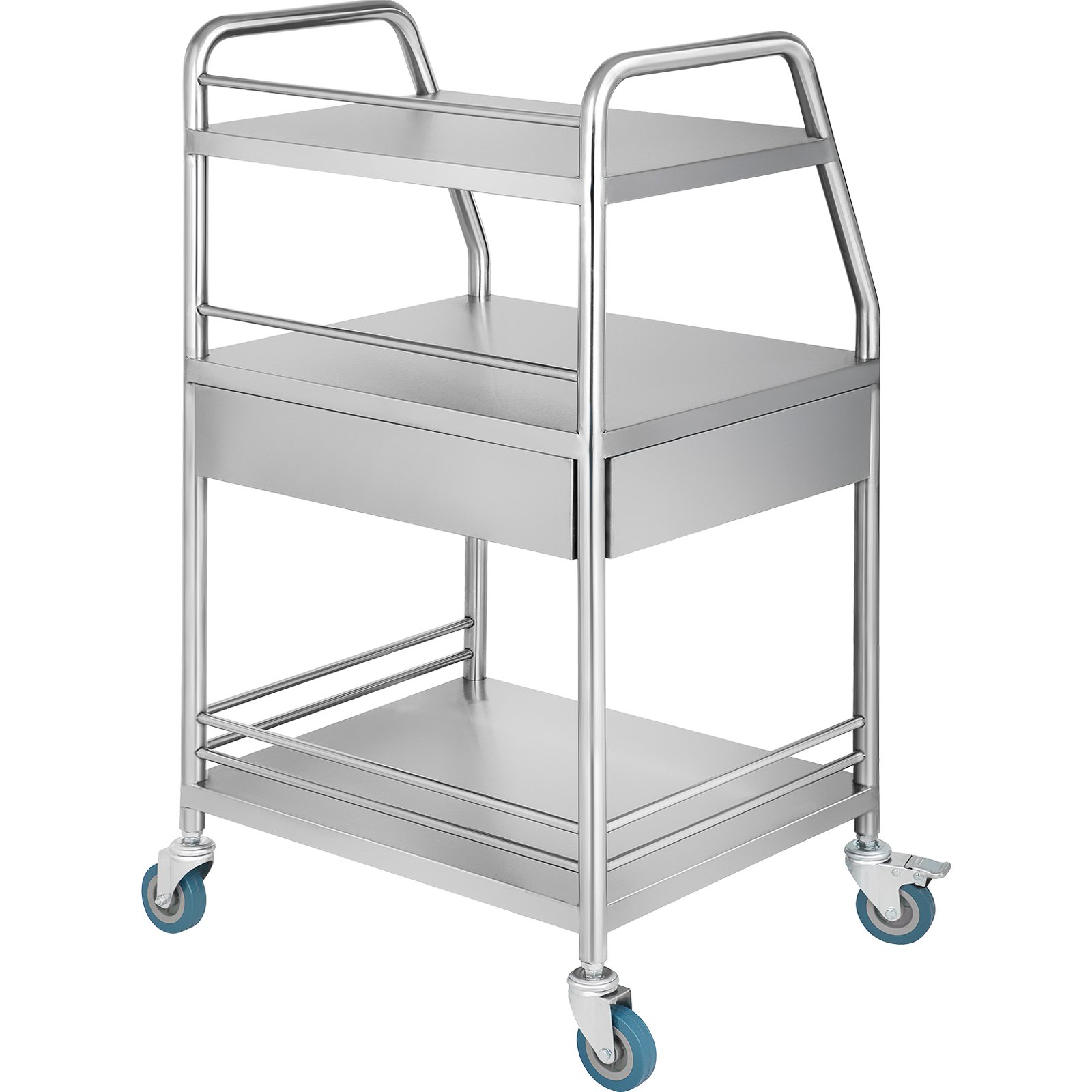 Carrito utilitario VEVOR con tres estantes y cuatro ruedas azules.