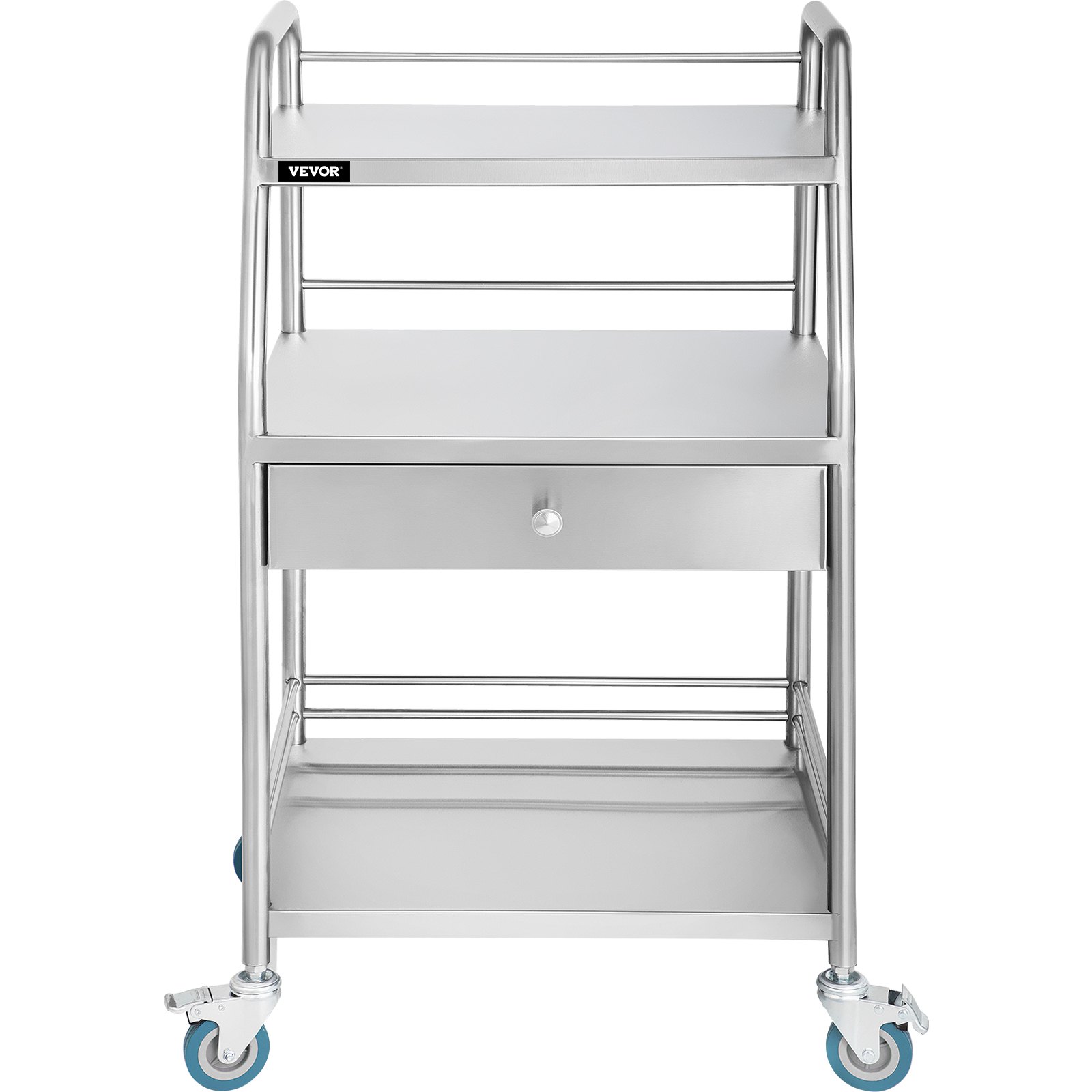 Carrito utilitario VEVOR con ruedas bloqueables, tres estantes y un cajón en acero inoxidable.
