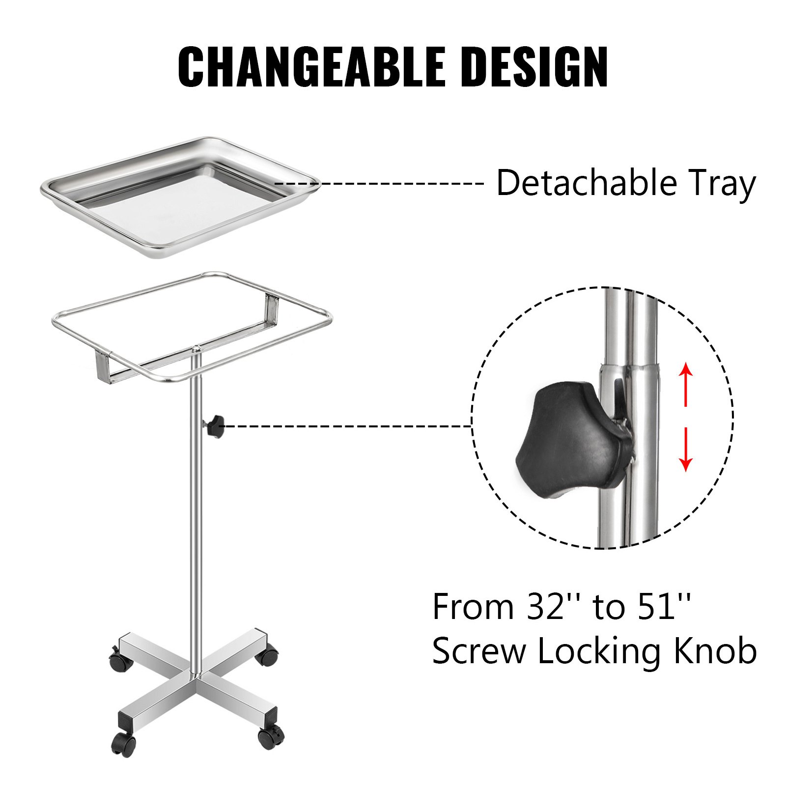 VEVOR Carro de Laboratorio Lab Cart Soporte de bandeja Mayo de acero inoxidable de 18 x 14 pulgadas con bandeja extraíble y 4 ruedas