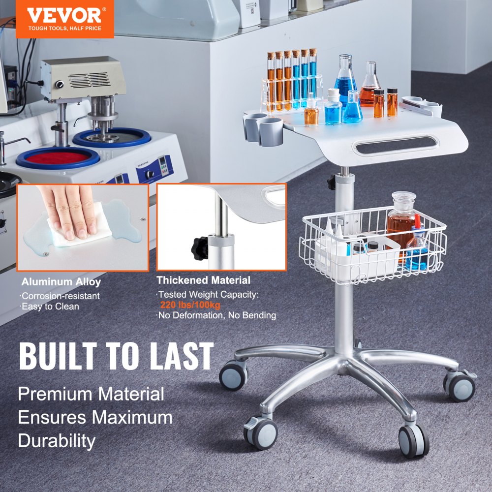 Carro médico VEVOR, carro de salón con ruedas, carrito móvil de 68 a 108 cm de altura ajustable, estaciones de metal para peluquería, carro de laboratorio de escritorio con ruedas para clínicas, salones de belleza y salones de belleza.