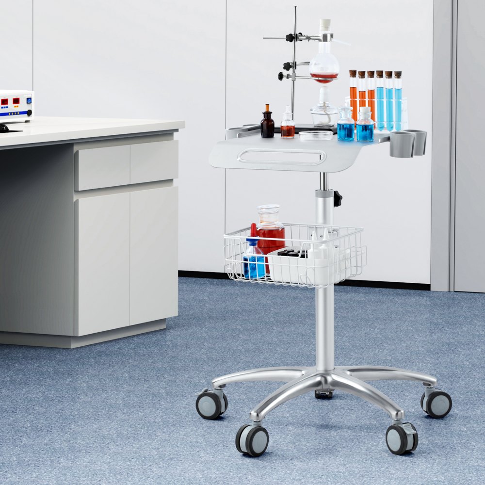 Carro médico VEVOR, carro de salón con ruedas, carrito móvil de 68 a 108 cm de altura ajustable, estaciones de metal para peluquería, carro de laboratorio de escritorio con ruedas para clínicas, salones de belleza y salones de belleza.
