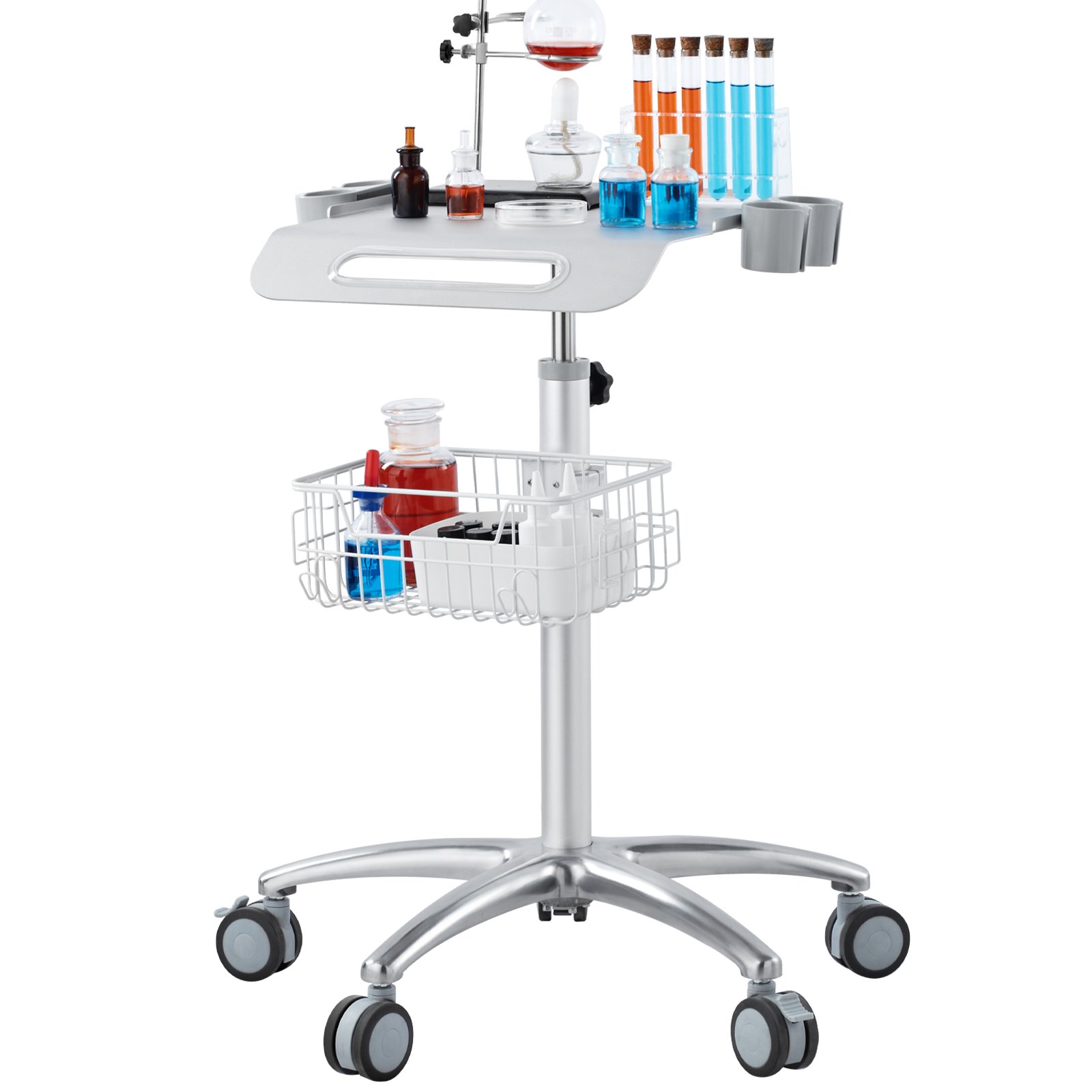 Carro médico VEVOR, carro de salón con ruedas, carrito móvil de 68 a 108 cm de altura ajustable, estaciones de metal para peluquería, carro de laboratorio de escritorio con ruedas para clínicas, salones de belleza y salones de belleza.