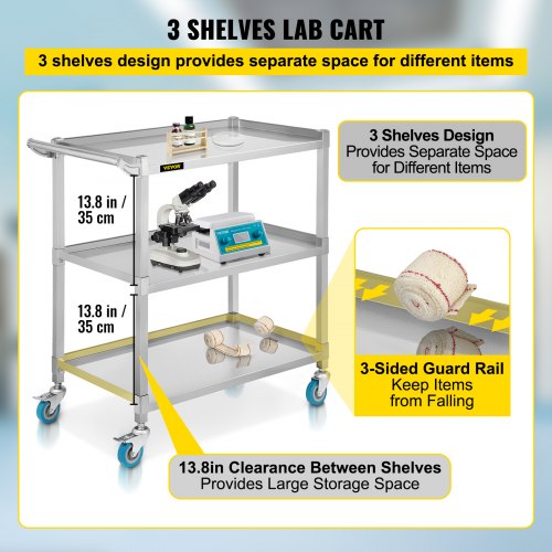 Carro utilitario de laboratorio VEVOR, carro de laboratorio rodante con capacidad de peso de 500 libras, carro de laboratorio móvil de 3 estantes, carro de laboratorio con estructura de acero inoxidable resistente, ruedas giratorias silenciosas de 360° con freno de pie, para salón de laboratorio clínico