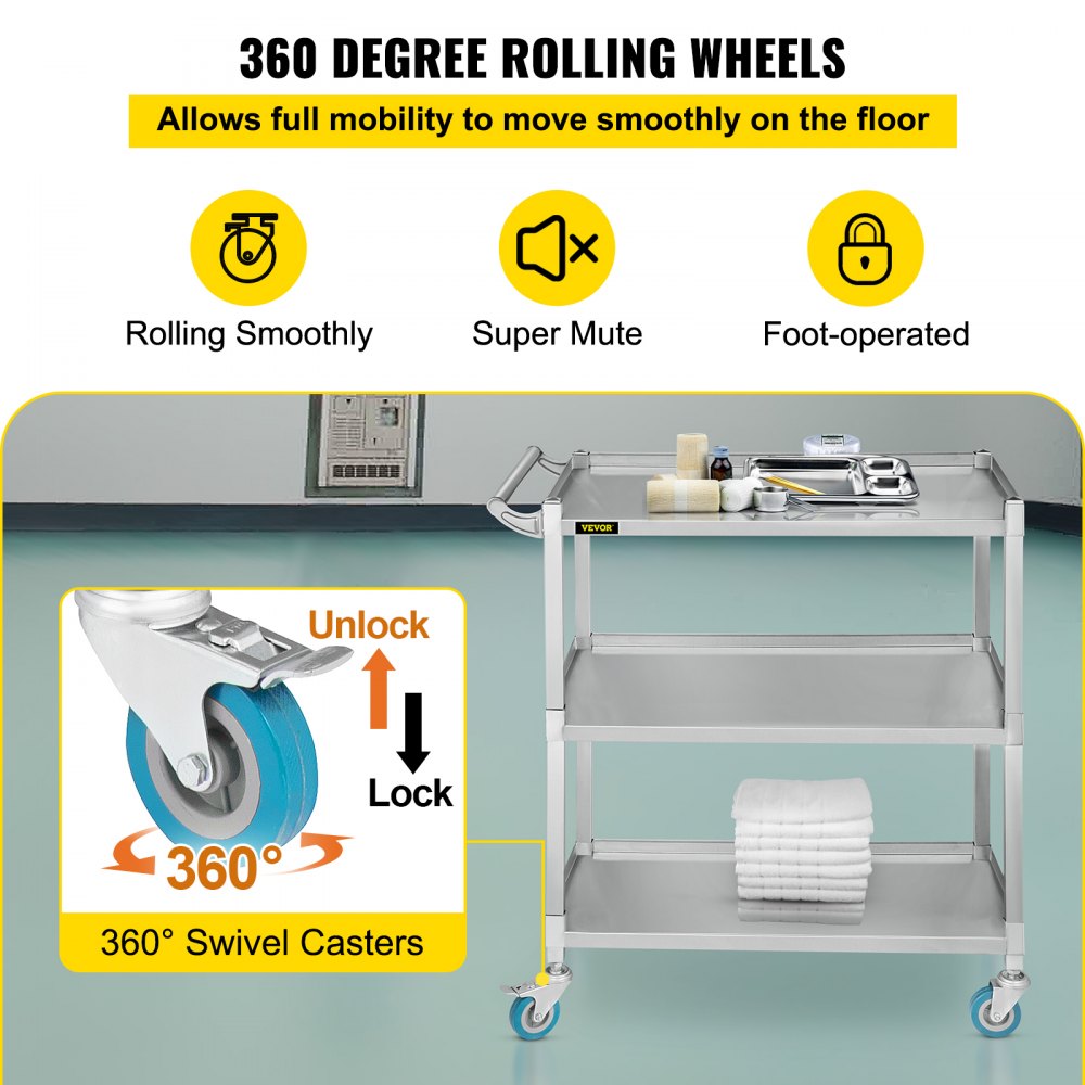 Carro utilitario de laboratorio VEVOR, carro de laboratorio rodante con capacidad de peso de 500 libras, carro de laboratorio móvil de 3 estantes, carro de laboratorio con estructura de acero inoxidable resistente, ruedas giratorias silenciosas de 360° con freno de pie, para salón de laboratorio clínico