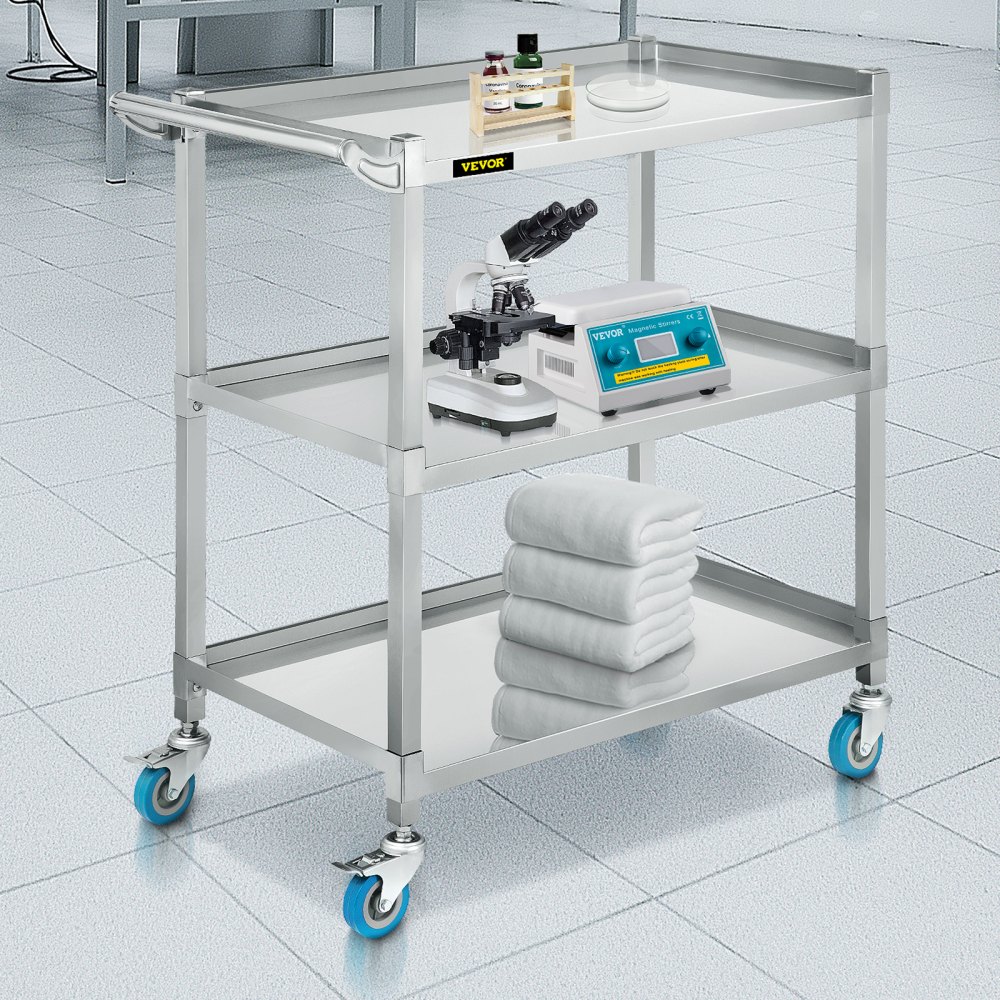 Carro utilitario de laboratorio VEVOR, carro de laboratorio rodante con capacidad de peso de 500 libras, carro de laboratorio móvil de 3 estantes, carro de laboratorio con estructura de acero inoxidable resistente, ruedas giratorias silenciosas de 360° con freno de pie, para salón de laboratorio clínico