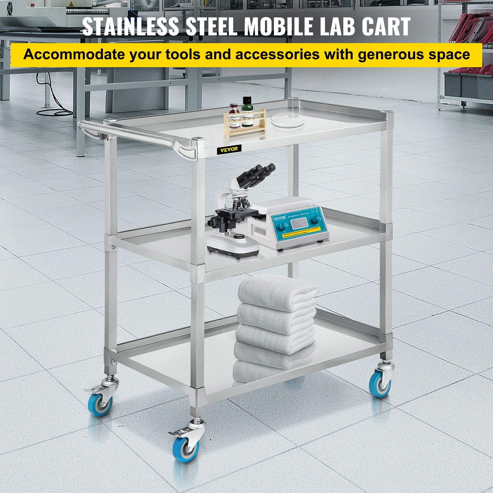Carro utilitario de laboratorio VEVOR, carro de laboratorio rodante con capacidad de peso de 500 libras, carro de laboratorio móvil de 3 estantes, carro de laboratorio con estructura de acero inoxidable resistente, ruedas giratorias silenciosas de 360° con freno de pie, para salón de laboratorio clínico