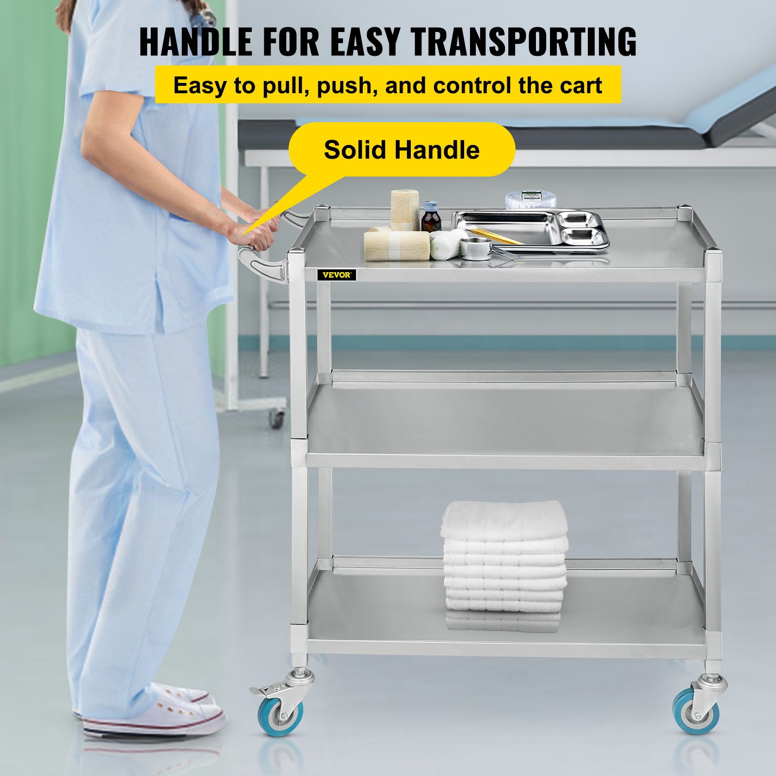 Carro utilitario de laboratorio VEVOR, carro de laboratorio rodante con capacidad de peso de 500 libras, carro de laboratorio móvil de 3 estantes, carro de laboratorio con estructura de acero inoxidable resistente, ruedas giratorias silenciosas de 360° con freno de pie, para salón de laboratorio clínico