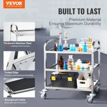 VEVOR Carro de acero inoxidable, carro utilitario de laboratorio de 3 capas, capacidad de peso de 400 libras, carro médico con ruedas universales bloqueables, para laboratorio, clínica, cocina, salón