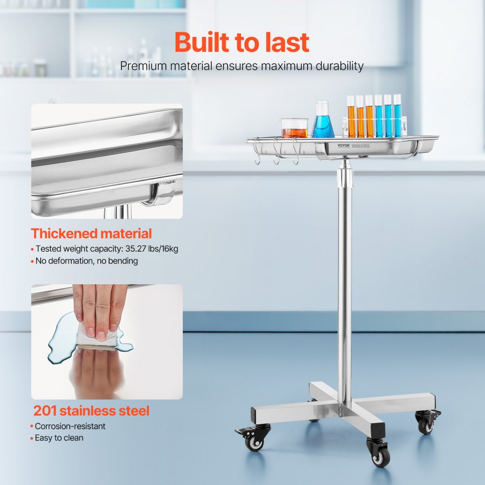 VEVOR Carro de Laboratorio de Acero Inoxidable Carga de 16 kg Asistente Silencioso Altura Ajustable 84-132,5 cm Bandeja Médica Extraíble para Almacenamiento de Equipos, Clínica, Salón de Belleza
