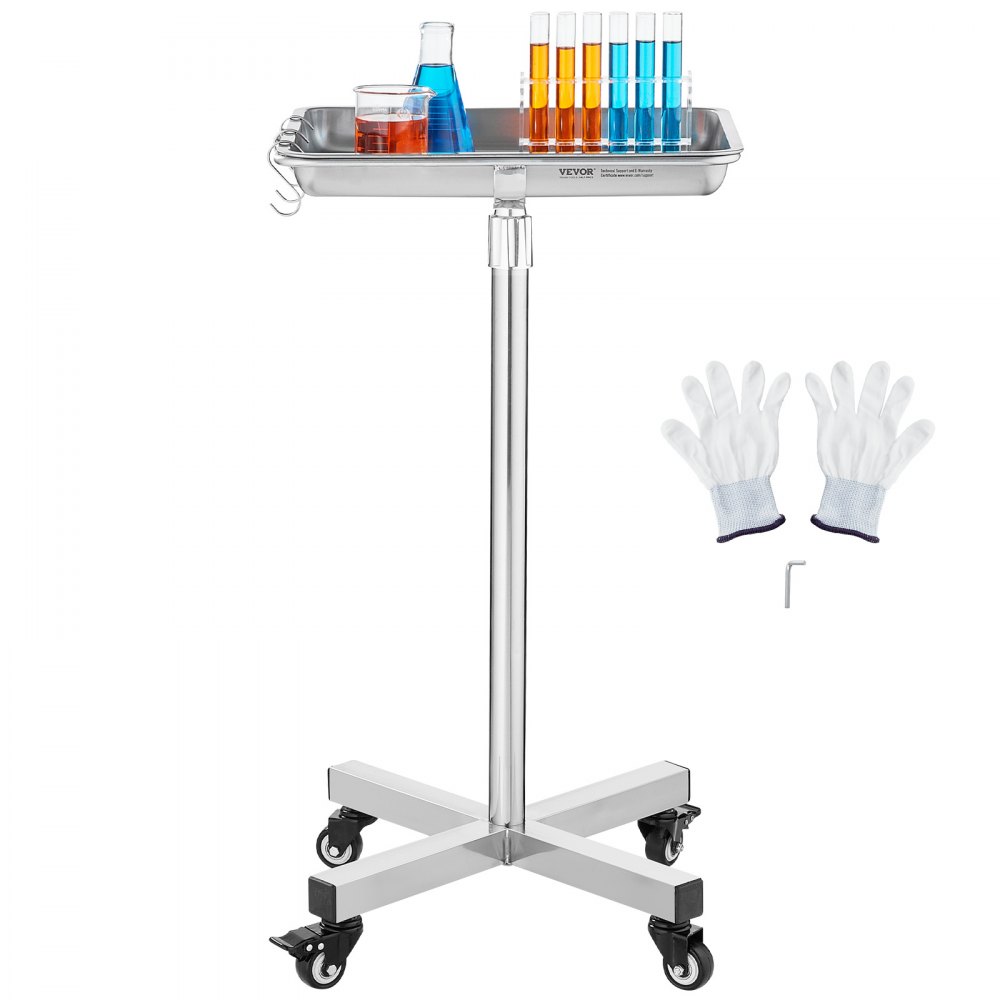VEVOR Carro de Laboratorio de Acero Inoxidable Carga de 16 kg Asistente Silencioso Altura Ajustable 84-132,5 cm Bandeja Médica Extraíble para Almacenamiento de Equipos, Clínica, Salón de Belleza