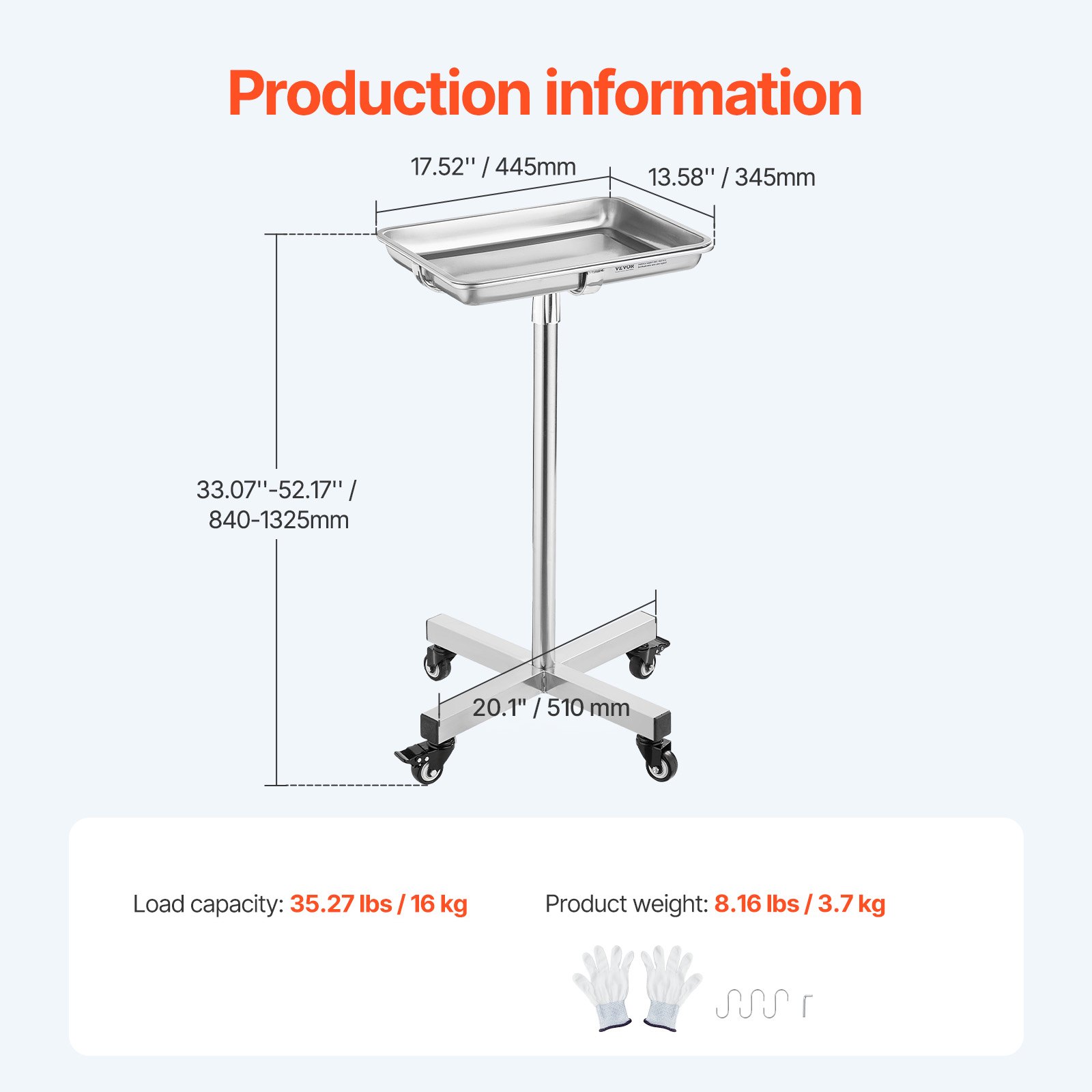 VEVOR Carro de Laboratorio de Acero Inoxidable Carga de 16 kg Asistente Silencioso Altura Ajustable 84-132,5 cm Bandeja Médica Extraíble para Almacenamiento de Equipos, Clínica, Salón de Belleza