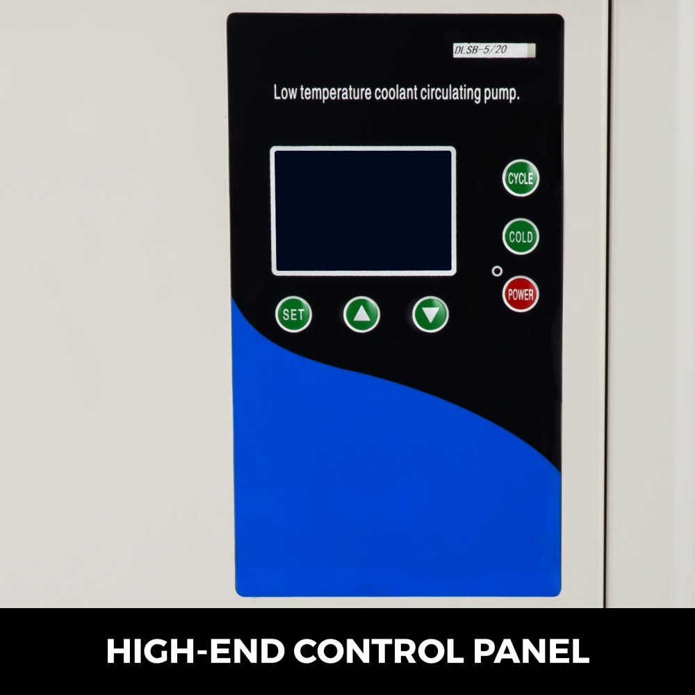 Panel de control del enfriador de laboratorio VEVOR con botones y pantalla de visualización.