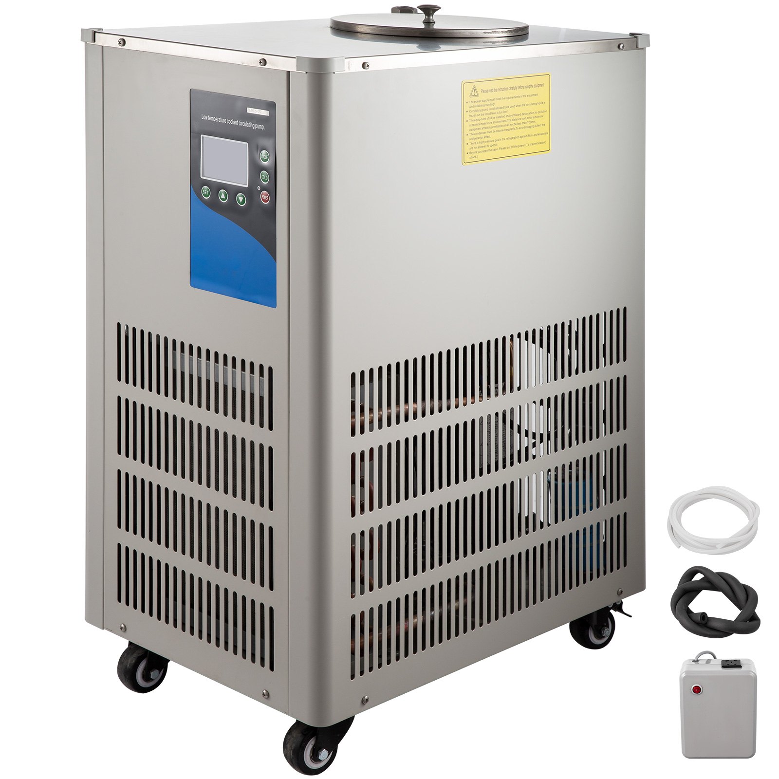 Enfriador de laboratorio VEVOR con panel de control digital, laterales ventilados, ruedas y accesorios.