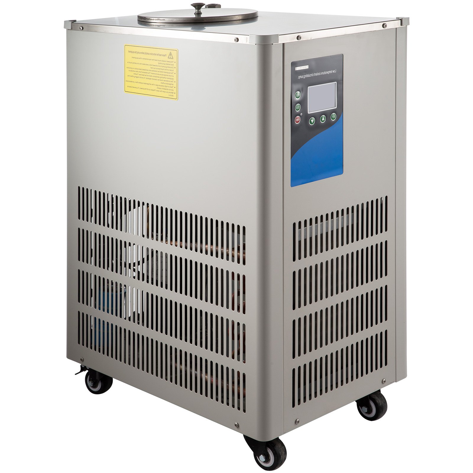 Enfriador de laboratorio VEVOR plateado con pantalla digital y rejillas de ventilación, montado sobre ruedas.