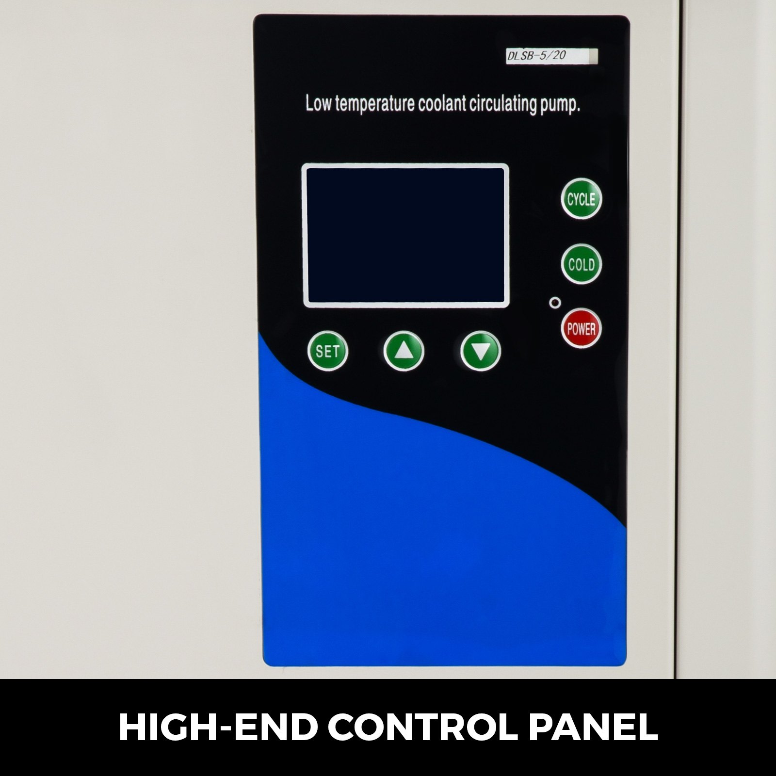 Panel de control del enfriador de laboratorio VEVOR con botones y pantalla de visualización.