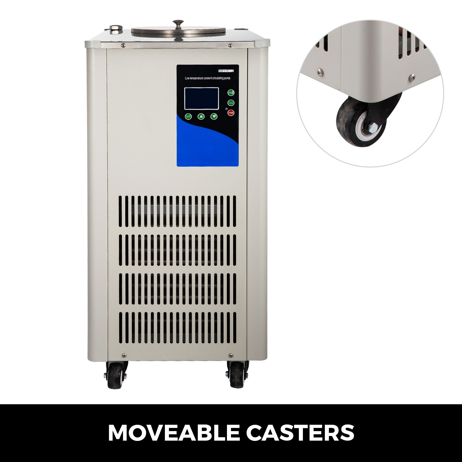 Enfriador de laboratorio VEVOR con ruedas móviles, pantalla digital y frente ventilado.