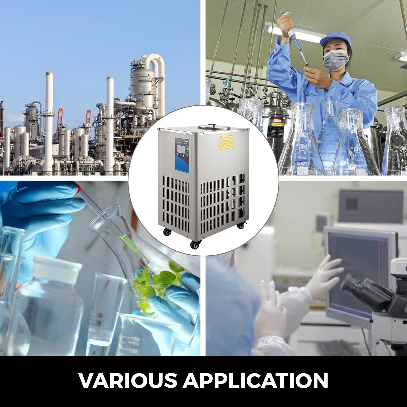 Enfriador de laboratorio VEVOR en aplicaciones industriales, de laboratorio, de ciencias vegetales y de investigación.