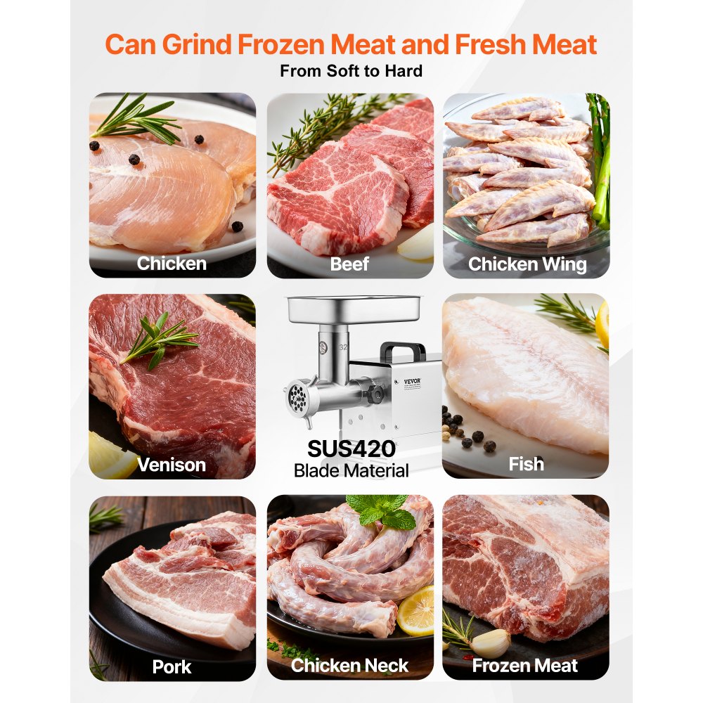 Picadora de carne VEVOR, capacidad de 21 lb/min, eléctrica, con cuchilla y placa de molienda, para embutir, de acero inoxidable, para cocina, restaurante, carnicería.
