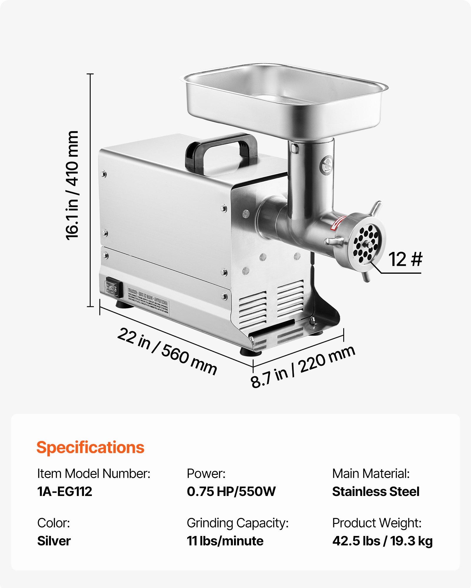 Picadora de carne VEVOR, 11 lb/min de capacidad, eléctrica, con cuchilla y placa de molienda, para embutir, de acero inoxidable, para cocina, restaurante, carnicería