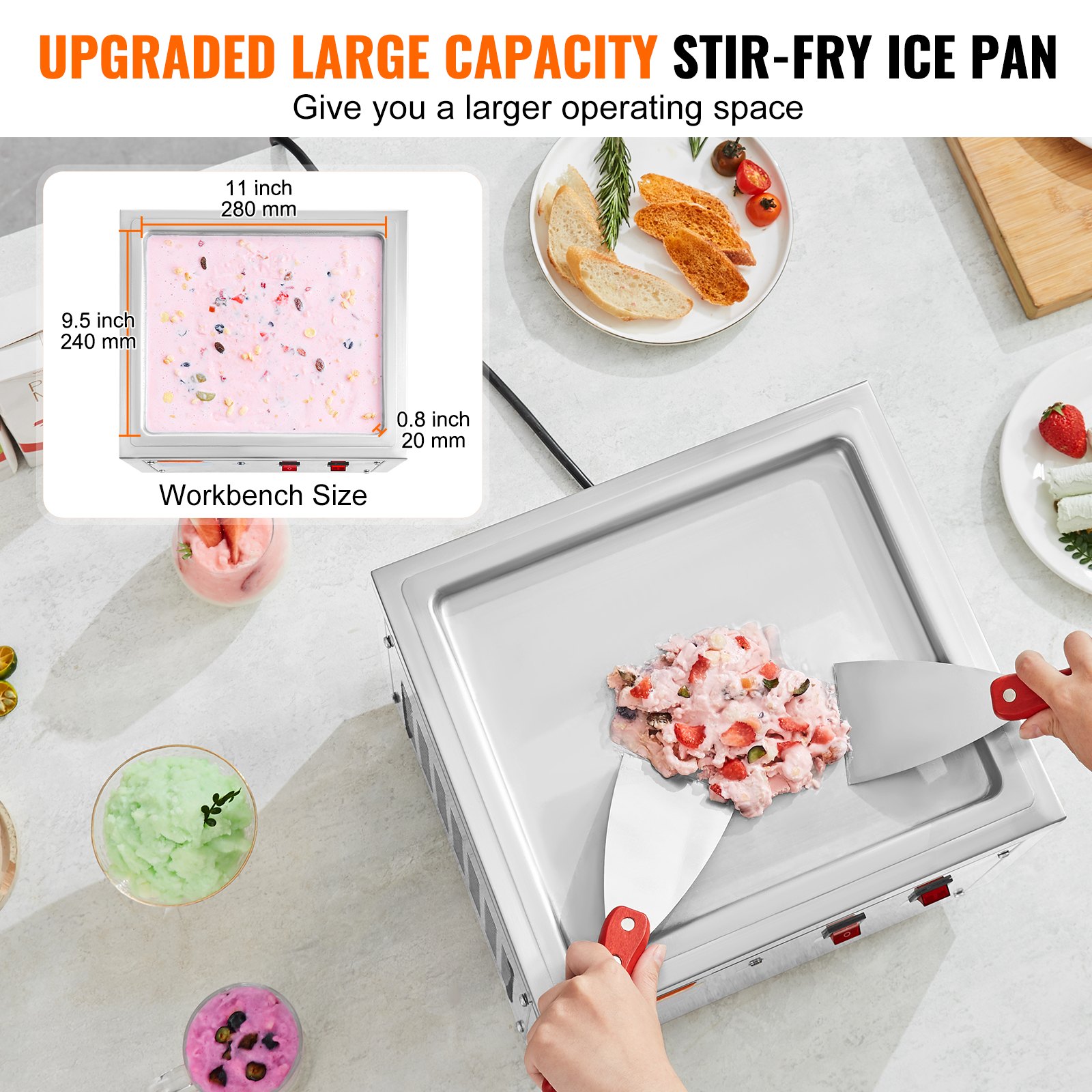 VEVOR Máquina para hacer rollos de helado frito, sartén para helado salteado de 11" x 9,5", máquina para hacer helados enrollados de acero inoxidable con compresor y 2 raspadores, para hacer helado, yogur congelado, rollos de helado