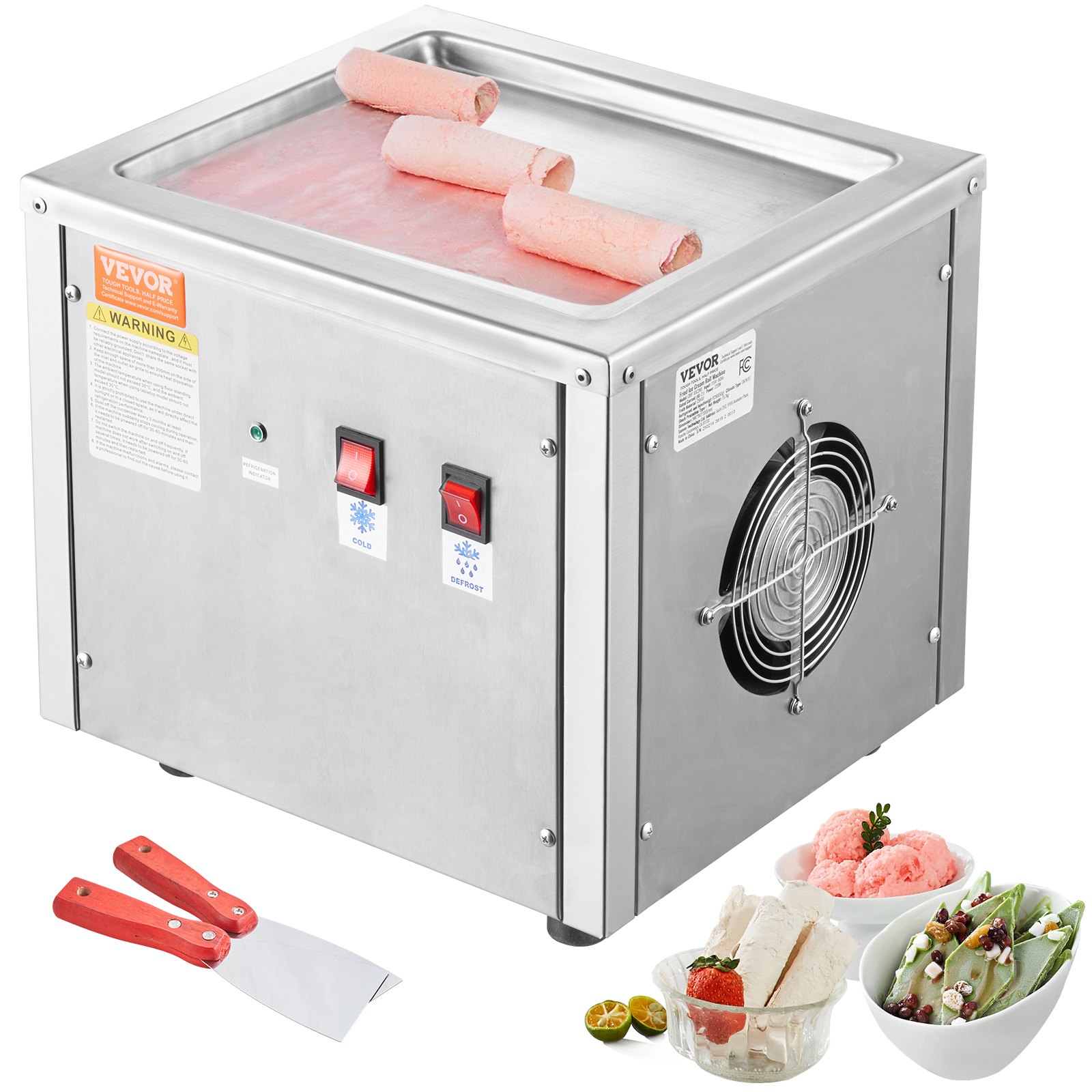 Máquina para hacer rollos de helado frito VEVOR, bandeja para helado salteado de 28 x 24 cm, máquina para hacer helado enrollado de acero inoxidable con compresor y 2 raspadores, para hacer helado, yogur helado y rollos de helado.