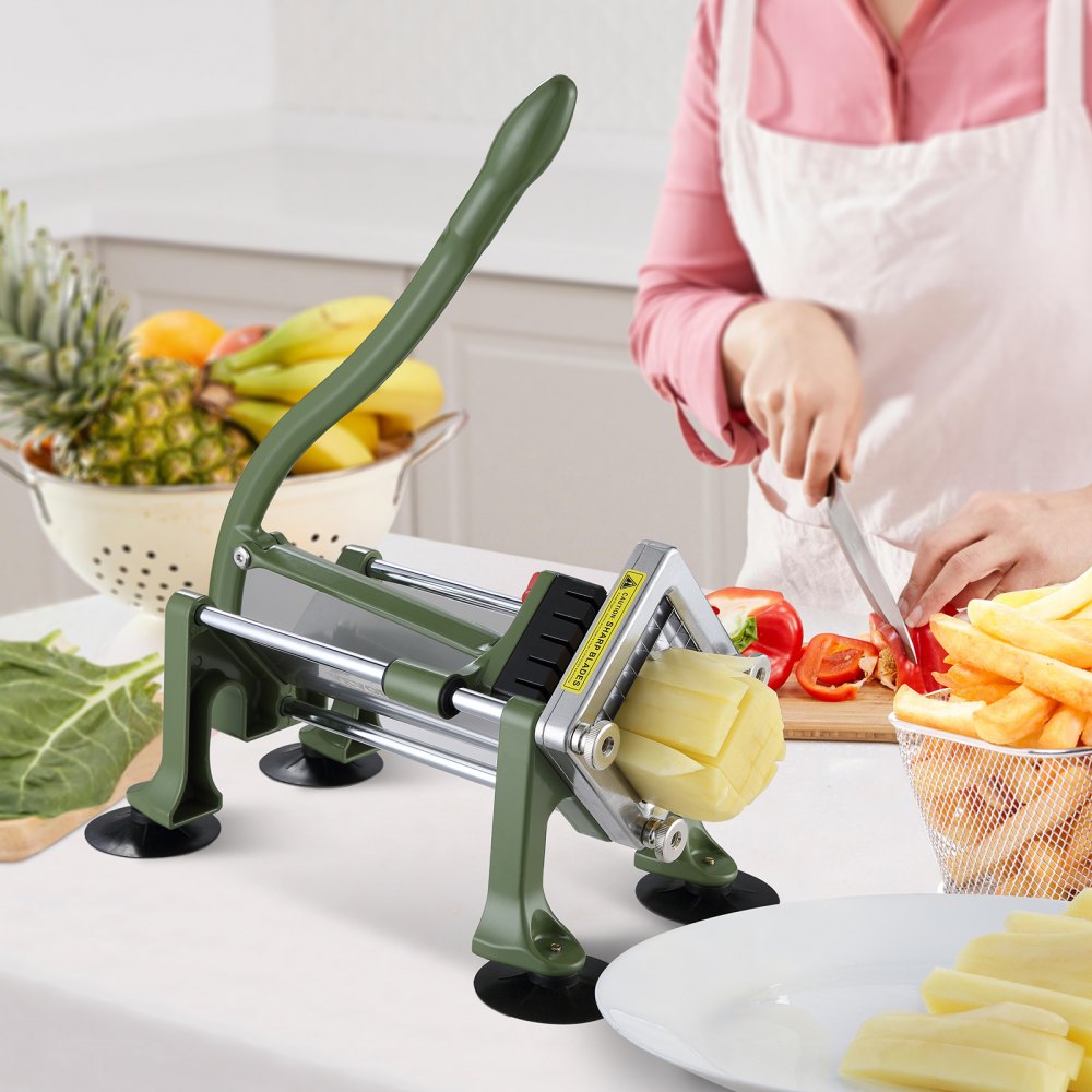 Cortador de papas fritas VEVOR, rebanador de papas con cuchillas de acero inoxidable de 1/2", 3/8" y 1/4", cortador manual de papas con ventosas, ideal para papas, papas fritas, pepinos, verduras y zanahorias.