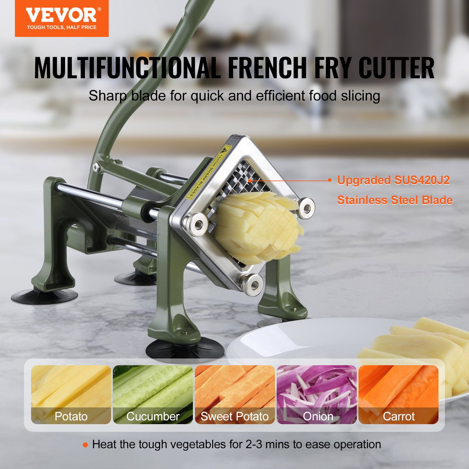 Cortador de papas fritas VEVOR, rebanador de papas con cuchillas de acero inoxidable de 1/2", 3/8" y 1/4", cortador manual de papas con ventosas, ideal para papas, papas fritas, pepinos, verduras y zanahorias.