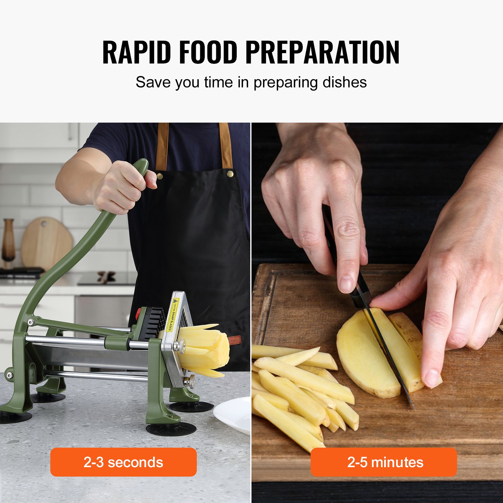Cortador de papas fritas VEVOR, rebanador de papas con cuchillas de acero inoxidable de 1/2", 3/8" y 1/4", cortador manual de papas con ventosas, ideal para papas, papas fritas, pepinos, verduras y zanahorias.
