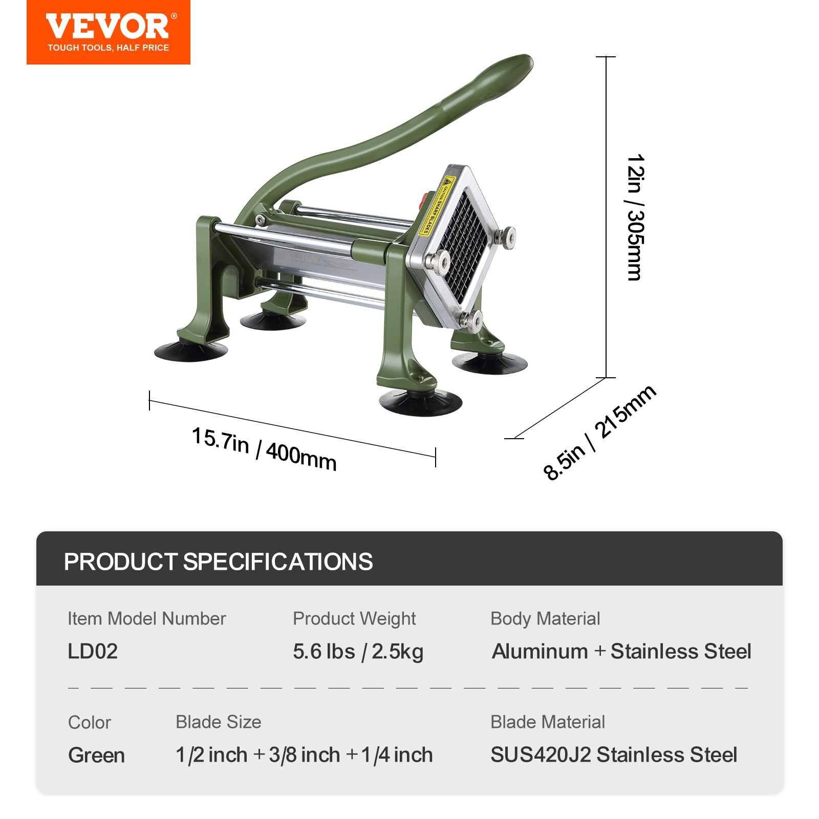 Cortador de papas fritas VEVOR, rebanador de papas con cuchillas de acero inoxidable de 1/2", 3/8" y 1/4", cortador manual de papas con ventosas, ideal para papas, papas fritas, pepinos, verduras y zanahorias.
