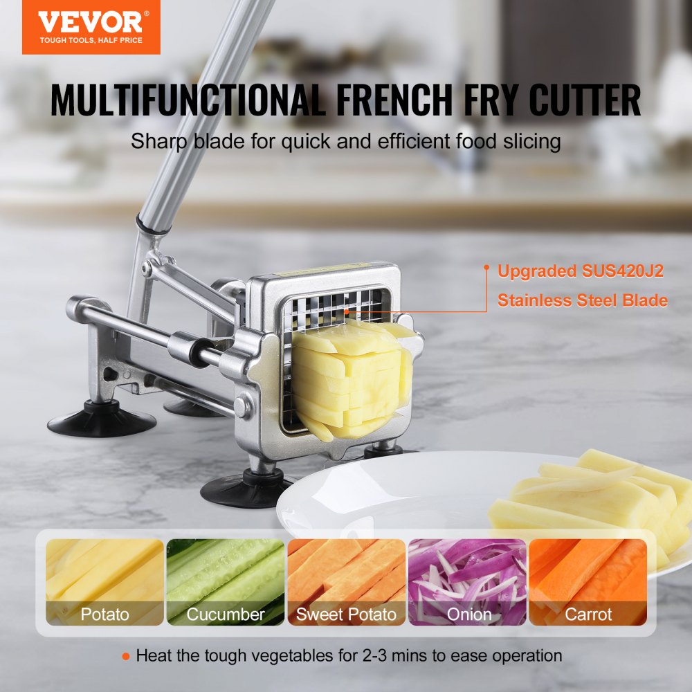 Cortador de papas fritas VEVOR, cortador de papas con cuchillas de acero inoxidable de 1/2 pulgada y 3/8 de pulgada, cortador de papas manual con ventosas, ideal para papas, papas fritas, pepinos, verduras y zanahorias.