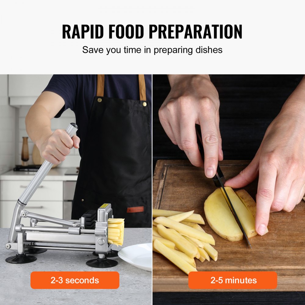 Cortador de papas fritas VEVOR, cortador de papas con cuchillas de acero inoxidable de 1/2 pulgada y 3/8 de pulgada, cortador de papas manual con ventosas, ideal para papas, papas fritas, pepinos, verduras y zanahorias.