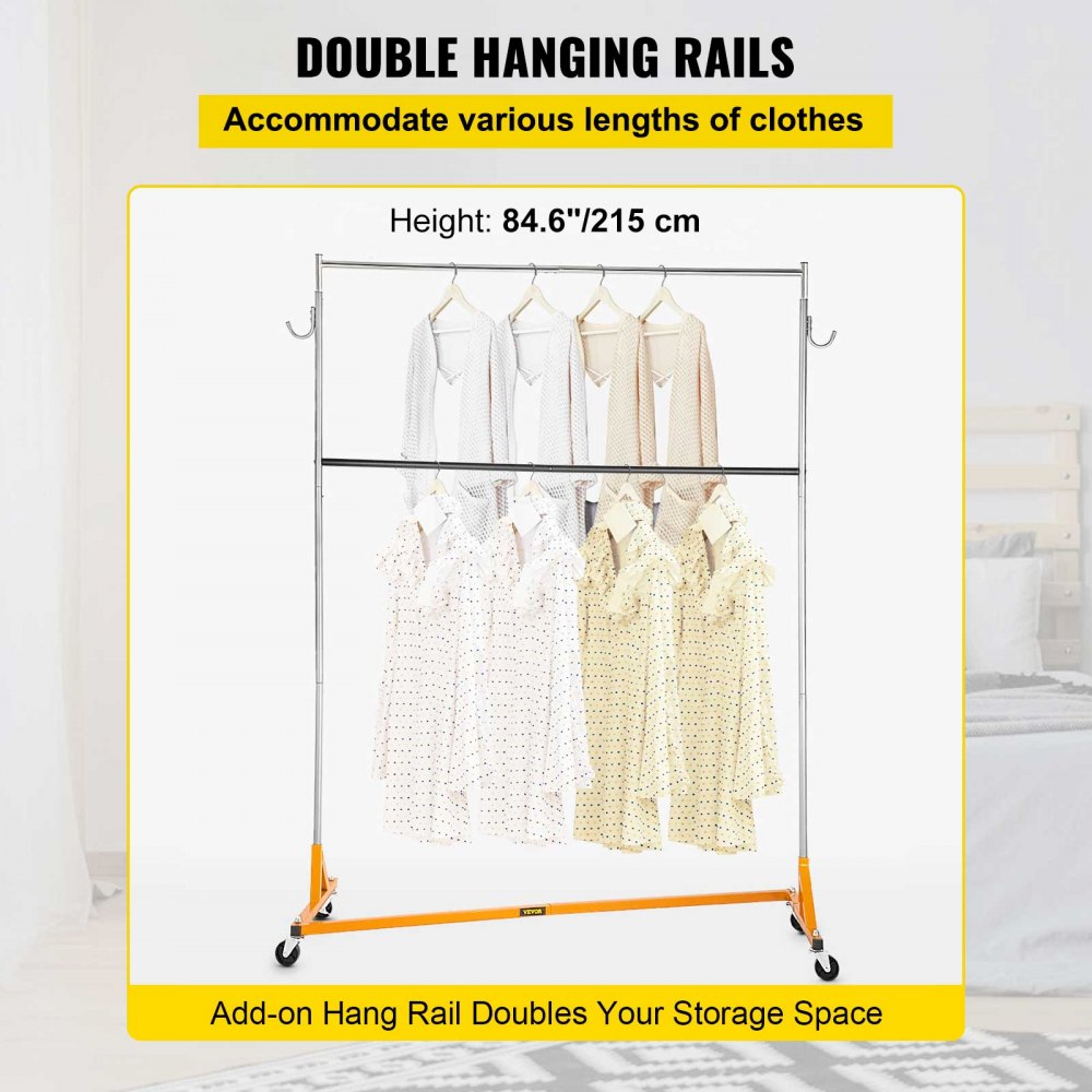 VEVOR Z Rack, Perchero de base Z de grado industrial, Perchero de altura ajustable, Perchero de acero resistente con base Z con ruedas bloqueables, para tienda de ropa en el hogar con riel para colgar adicional (naranja)