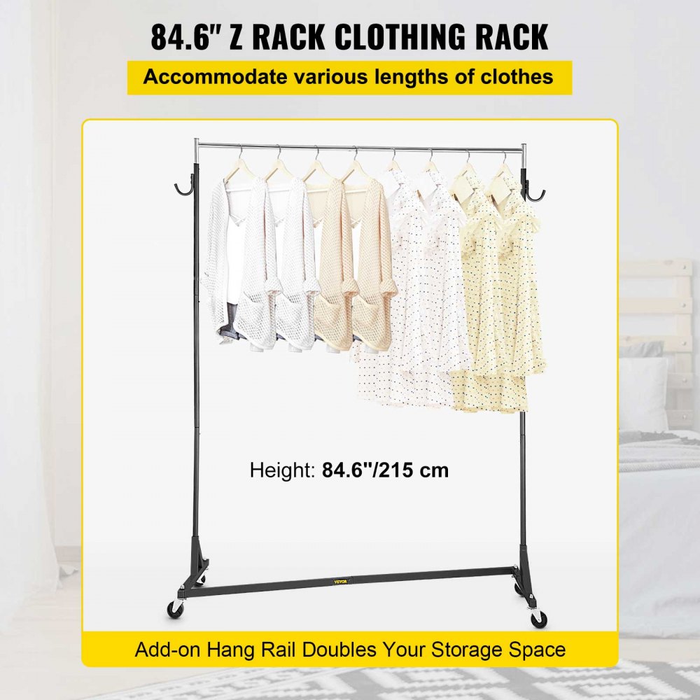 VEVOR Z Rack, perchero de base Z de grado industrial, perchero de altura ajustable con ruedas Z, perchero de base Z de acero resistente con ruedas bloqueables para exhibición de tienda de ropa en el hogar, uso comercial, negro