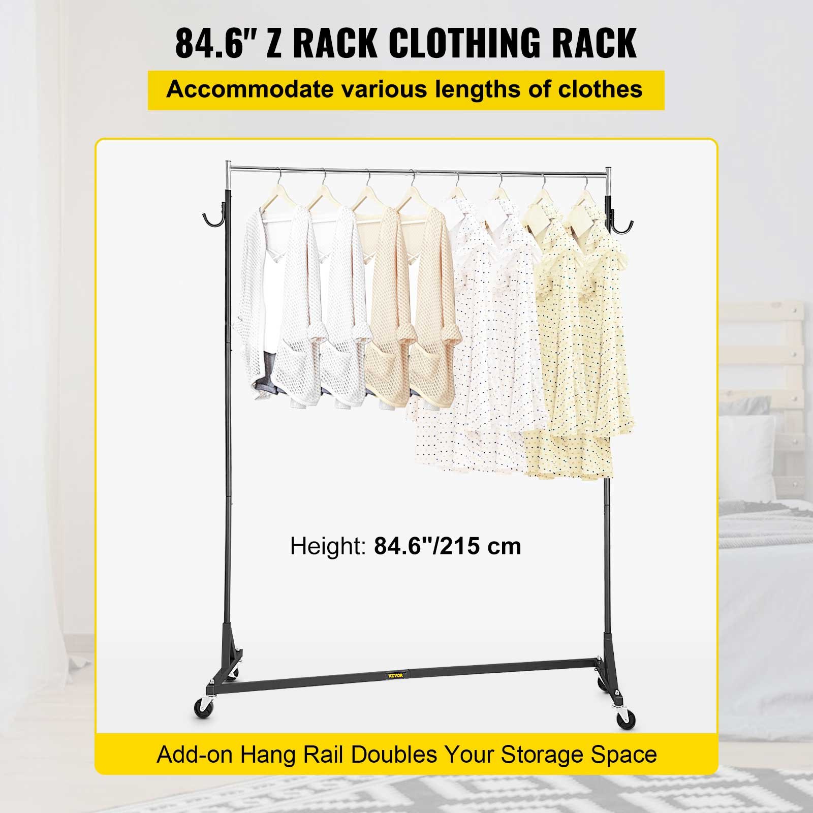 VEVOR Z Rack, perchero de base Z de grado industrial, perchero de altura ajustable con ruedas Z, perchero de base Z de acero resistente con ruedas bloqueables para exhibición de tienda de ropa en el hogar, uso comercial, negro