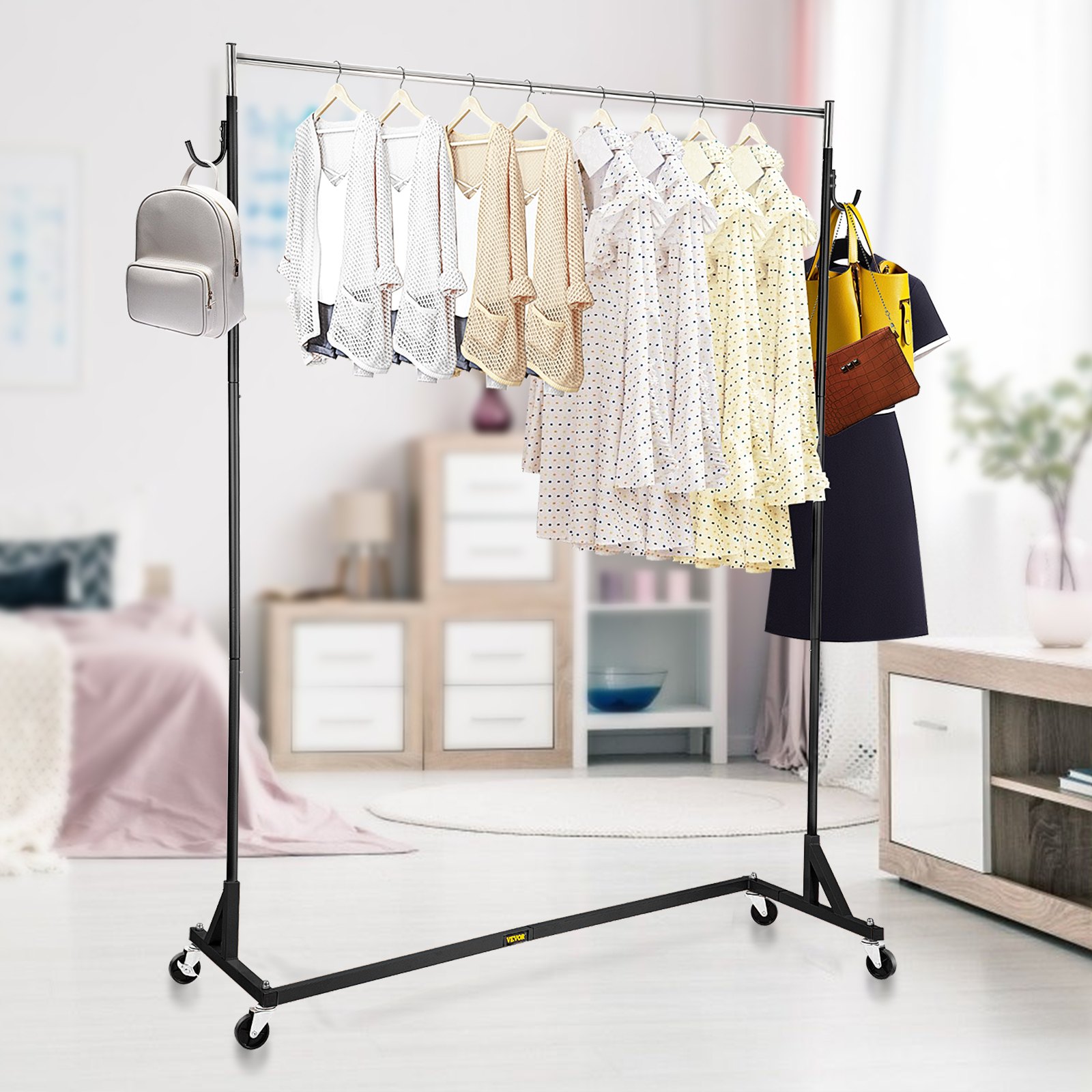 VEVOR Z Rack, perchero de base Z de grado industrial, perchero de altura ajustable con ruedas Z, perchero de base Z de acero resistente con ruedas bloqueables para exhibición de tienda de ropa en el hogar, uso comercial, negro