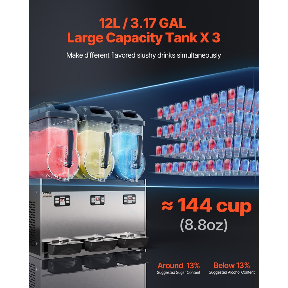 Máquina de granizados comercial VEVOR, 12Lx3, máquina de bebidas congeladas con triple tanque, 144 tazas, de acero inoxidable, para batidos de margarita, ideal para fiestas en casa, restaurantes, cafeterías y bares.
