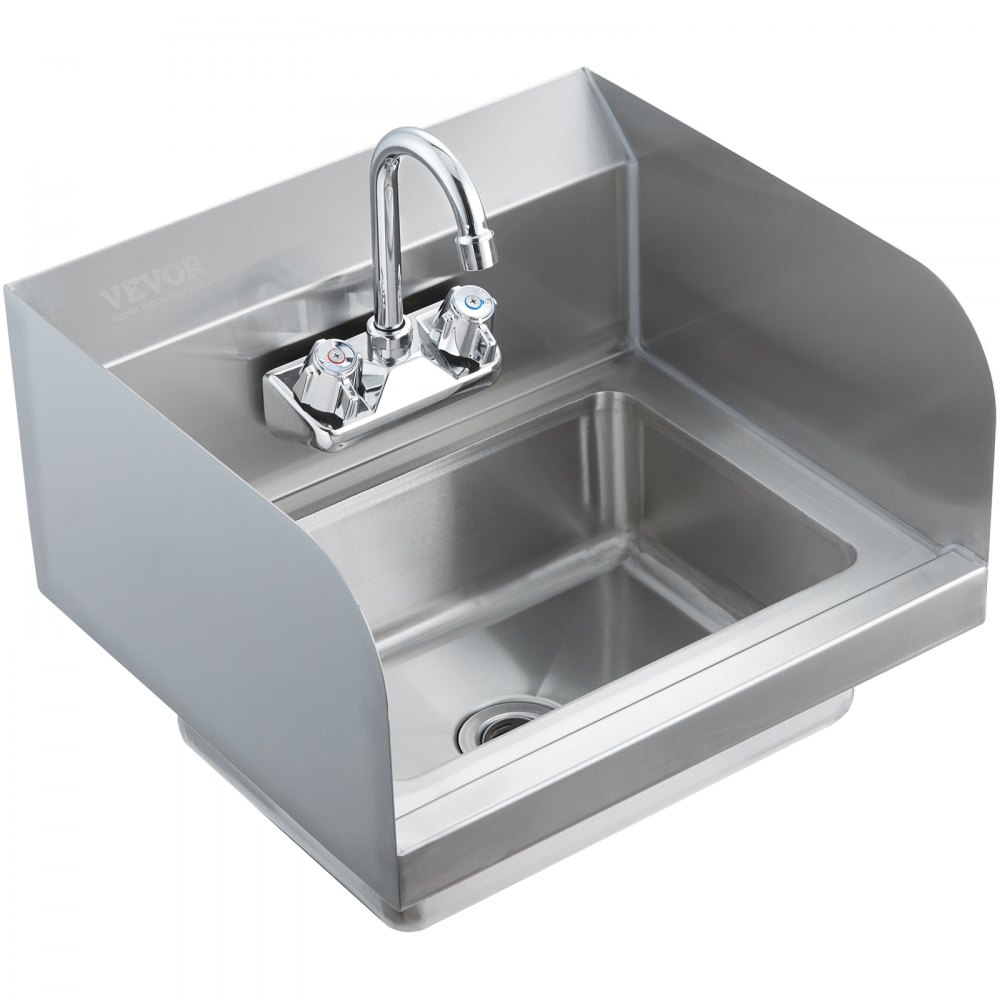 VEVOR Fregadero de mano comercial con grifo y salpicadura lateral, fregadero de acero inoxidable para lavado, fregadero pequeño para lavar a mano, lavabo de pared para restaurante, cocina, bar, ga