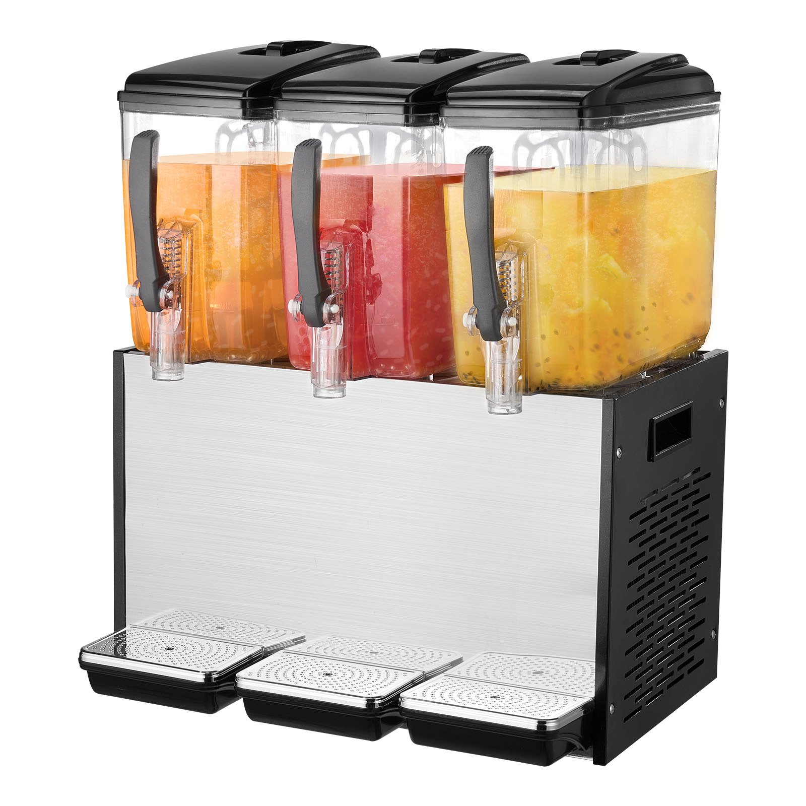 Dispensador de bebidas comercial VEVOR, 3 tanques de 12 L (12,7 cuartos de galón por tanque), dispensador de jugo, máquina de té helado de acero inoxidable de 370 W con temperatura de enfriamiento de 7,2 a 12 °C, para bebidas frías en restaurantes, bares y fiestas.
