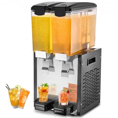 Dispensador de bebidas comercial VEVOR, 2 tanques de 10 L (10,6 cuartos de galón por tanque), dispensador de jugo, máquina de té helado de acero inoxidable de 270 W con temperatura de enfriamiento de 7,2 a 12 °C, para bebidas frías en restaurantes, bares y fiestas.