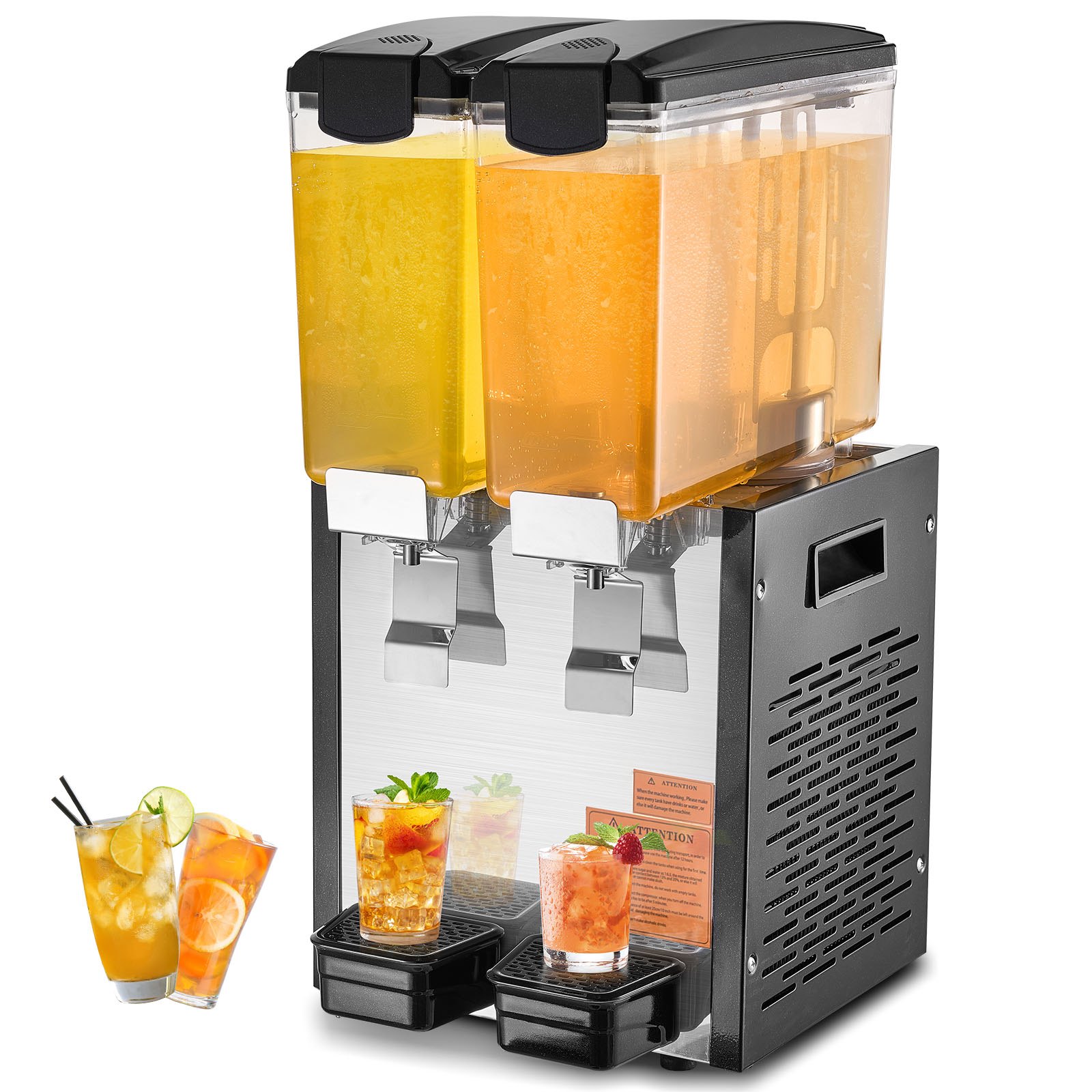 Dispensador de bebidas comercial VEVOR, 2 tanques de 10 L (10,6 cuartos de galón por tanque), dispensador de jugo, máquina de té helado de acero inoxidable de 270 W con temperatura de enfriamiento de 7,2 a 12 °C, para bebidas frías en restaurantes, bares y fiestas.