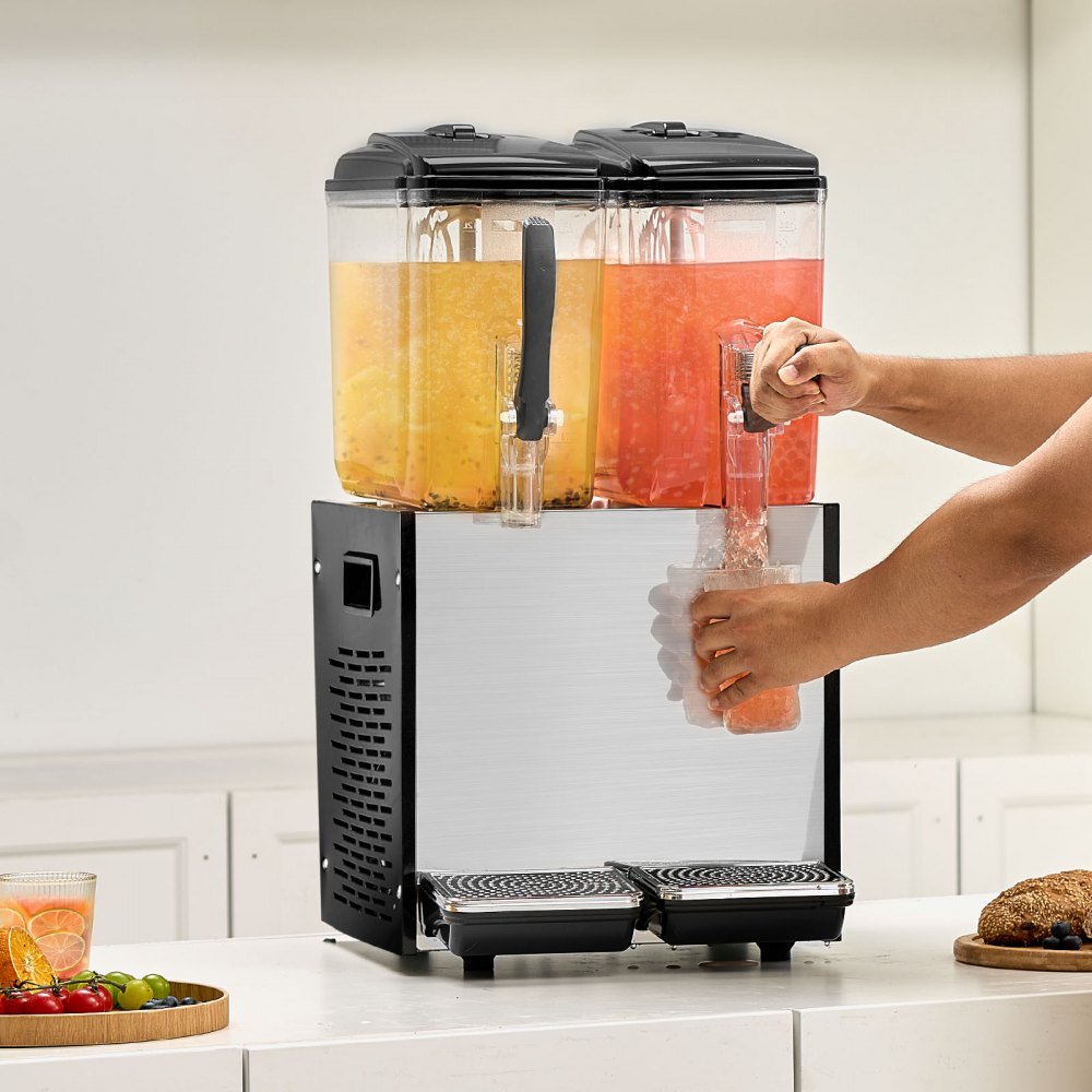 Dispensador de bebidas comercial VEVOR, 2 tanques de 12 L (12,7 cuartos de galón por tanque), dispensador de jugo, máquina de té helado de acero inoxidable de 286 W con temperatura de enfriamiento de 7,2 a 12 °C, para bebidas frías en restaurantes, bares y fiestas.
