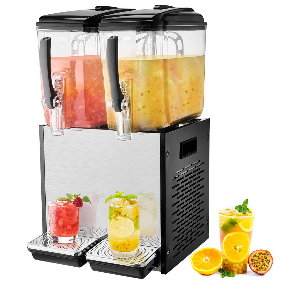 Dispensador de bebidas comercial VEVOR, 2 tanques de 12 L (12,7 cuartos de galón por tanque), dispensador de jugo, máquina de té helado de acero inoxidable de 286 W con temperatura de enfriamiento de 7,2 a 12 °C, para bebidas frías en restaurantes, bares y fiestas.
