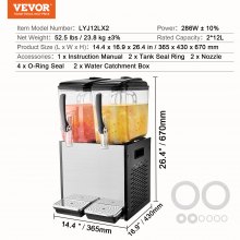 Dispensador de bebidas comerciales VEVOR, 12 l x 2 tanques, dispensador de bebidas frías, jugos y hielo
