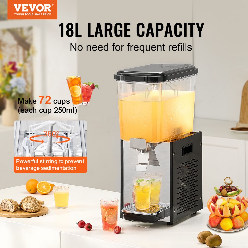 Dispensador de bebidas comercial VEVOR, dispensador de jugos de 18 L / 19 QT, máquina de té helado de acero inoxidable 304 de grado alimenticio de 300 W con temperatura de enfriamiento de 7 °C a 12 °C, ideal para bares, restaurantes y fiestas.