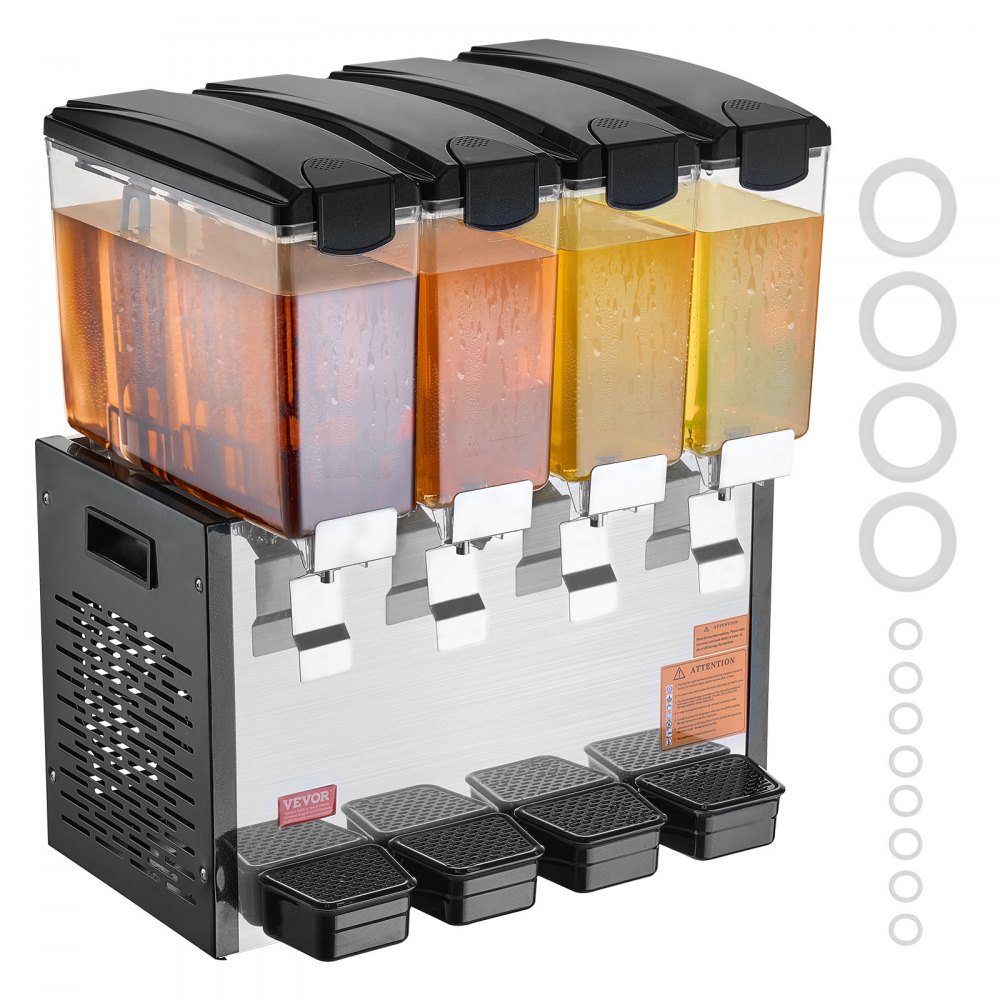 Dispensador de bebidas comercial VEVOR, 4 tanques de 10 L (10,6 cuartos de galón por tanque), dispensador de jugo, máquina de té helado de acero inoxidable de 430 W con temperatura de enfriamiento de 7,2 a 12 °C, para bebidas frías en restaurantes, bares y fiestas.