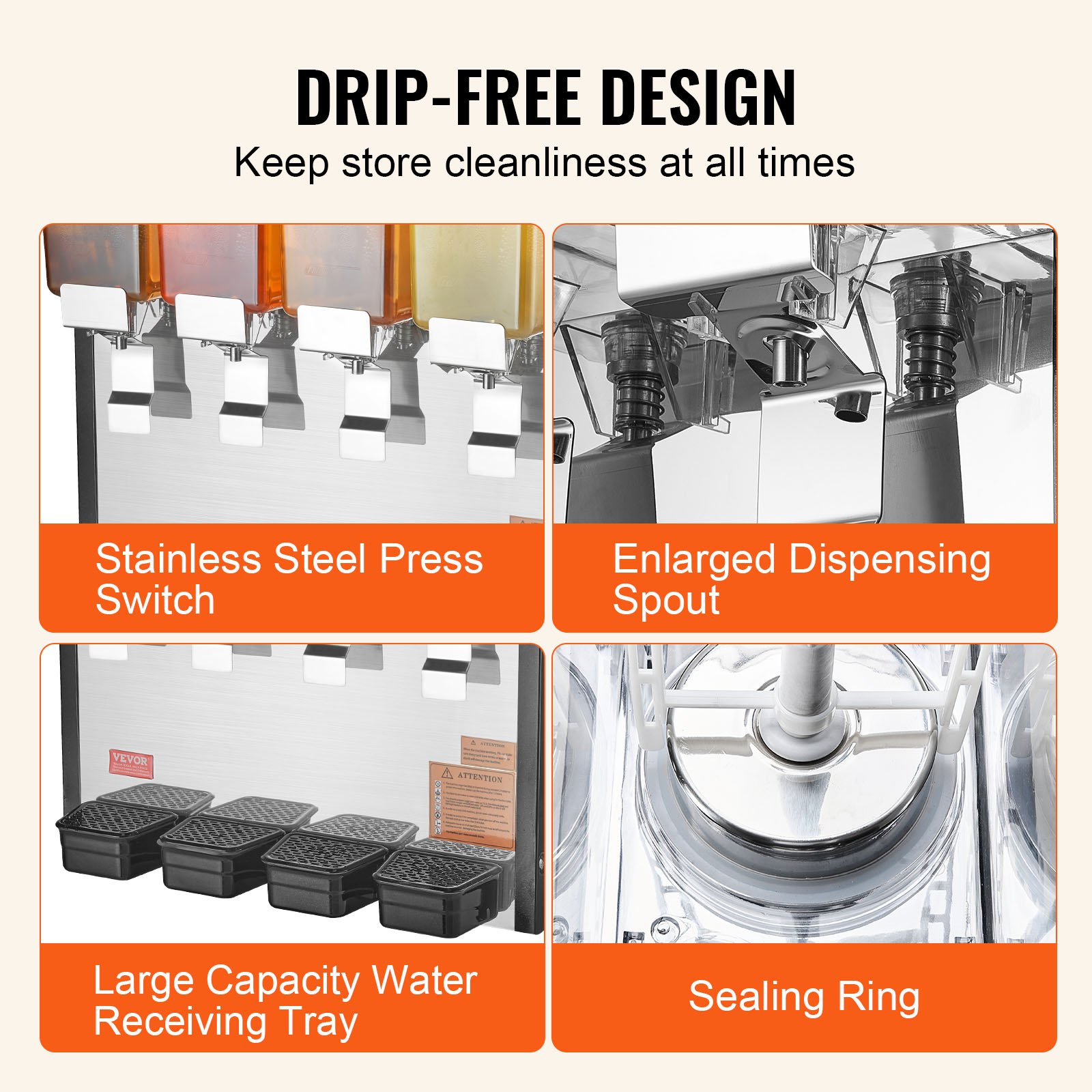 Dispensador de bebidas comercial VEVOR, 4 tanques de 10 L (10,6 cuartos de galón por tanque), dispensador de jugo, máquina de té helado de acero inoxidable de 430 W con temperatura de enfriamiento de 7,2 a 12 °C, para bebidas frías en restaurantes, bares y fiestas.