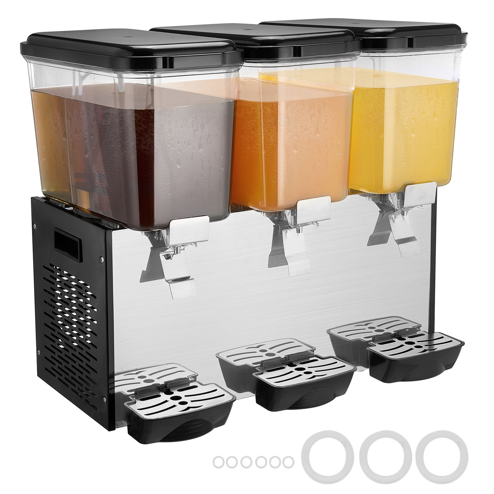 Dispensador de bebidas comercial VEVOR, 3 tanques de 18 L / 19 QT por tanque, dispensador de jugo, máquina de té helado de acero inoxidable de 512 W con temperatura de enfriamiento de 7 °C a 12 °C, para bebidas frías, restaurantes, bares y fiestas.