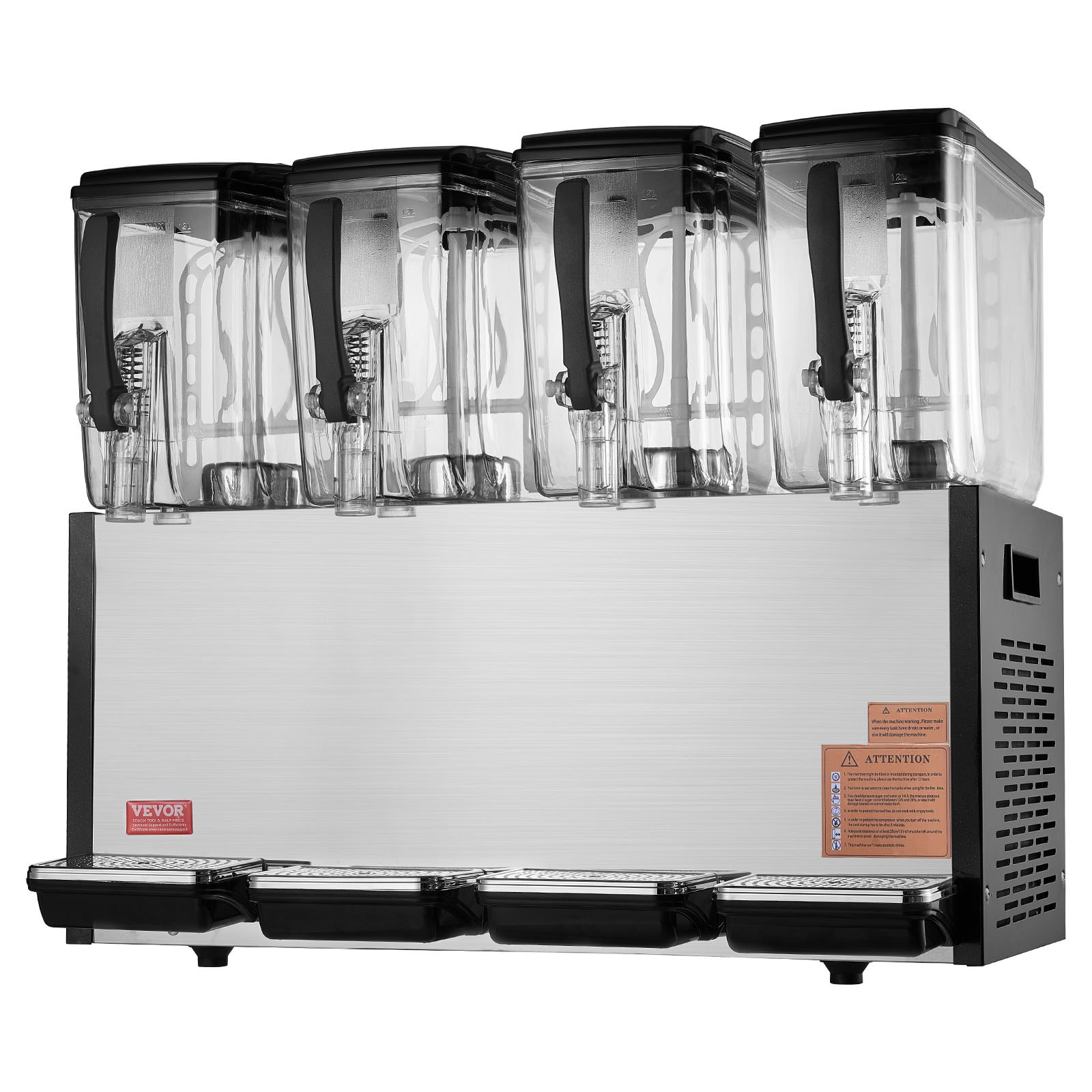 Dispensador de bebidas comercial VEVOR, 4 tanques de 12 L (12,7 cuartos de galón por tanque), dispensador de jugo, máquina de té helado de acero inoxidable de 510 W con temperatura de enfriamiento de 7,2 a 12 °C, para bebidas frías en restaurantes, bares y fiestas.