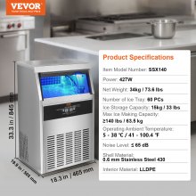 VEVOR Máquina para hacer hielo comercial, 140 libras/24 horas, máquina para hacer hielo, 60 cubitos de hielo en 12-15 minutos, máquina para hacer hielo con gabinete independiente con capacidad de almacenamiento de 33 libras, pantalla digital LED, para bar, hogar, oficina, restaurante