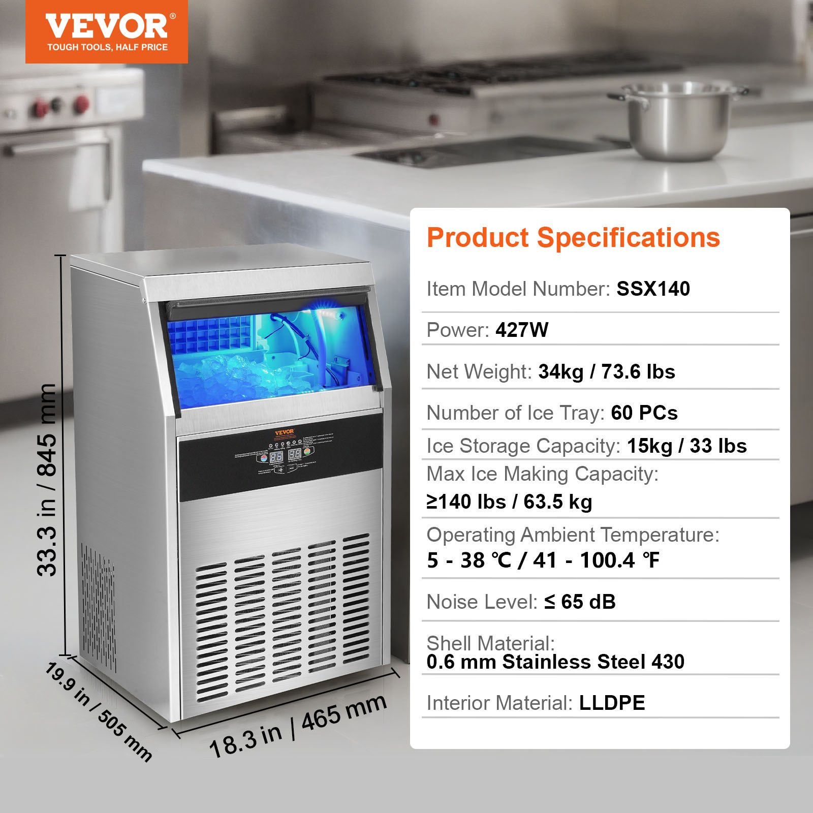 VEVOR Máquina para hacer hielo comercial, 140 libras/24 horas, máquina para hacer hielo, 60 cubitos de hielo en 12-15 minutos, máquina para hacer hielo con gabinete independiente con capacidad de almacenamiento de 33 libras, pantalla digital LED, para bar, hogar, oficina, restaurante